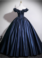 Vintage Navy Blue Off-The-Shoulder Satin Ball Gown Evening Dress Sweet 16 Dress