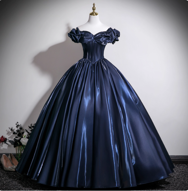 Vintage Navy Blue Off-The-Shoulder Satin Ball Gown Evening Dress Sweet 16 Dress