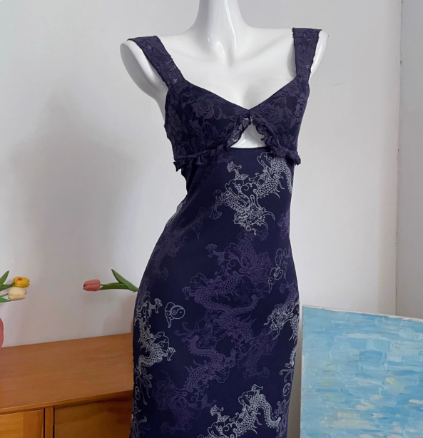 Vintage Navy Blue Spaghetti Strap Printed Lace Tulle Long Prom Dress Evening Dress Secondary image