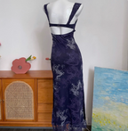 Vintage Navy Blue Spaghetti Strap Printed Lace Tulle Long Prom Dress Evening Dress