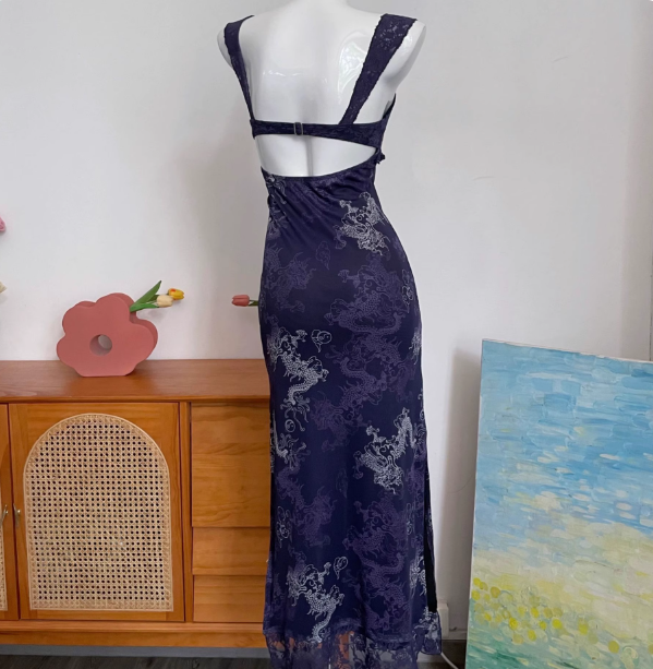 Vintage Navy Blue Spaghetti Strap Printed Lace Tulle Long Prom Dress Evening Dress