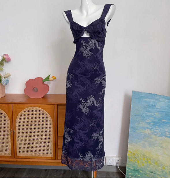 Vintage Navy Blue Spaghetti Strap Printed Lace Tulle Long Prom Dress Evening Dress