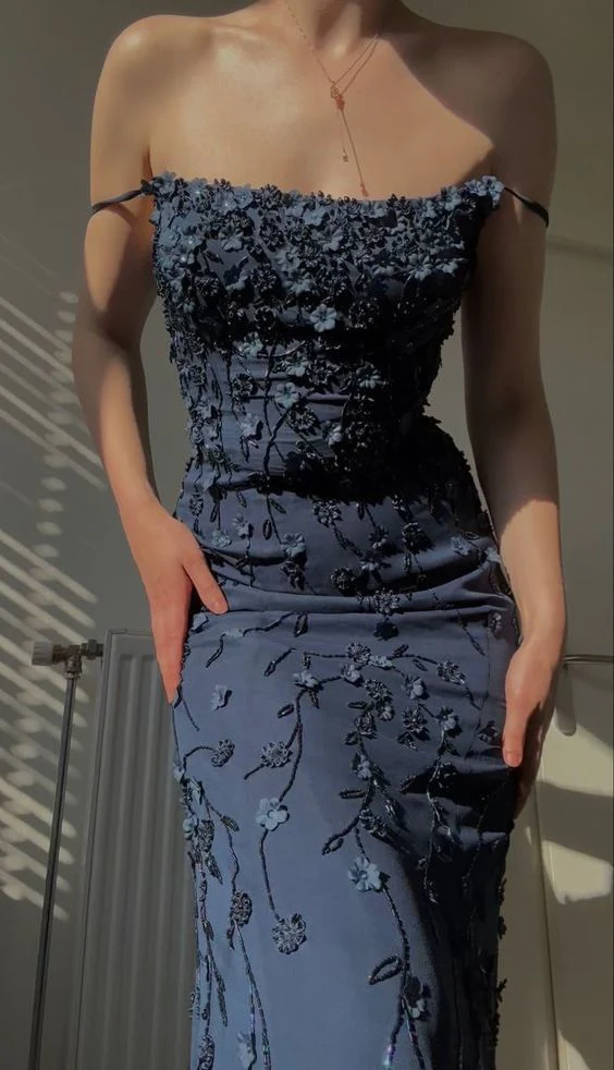Vintage Navy Blue Spaghetti Straps Prom Dress Sexy Mermaid Evening Dress