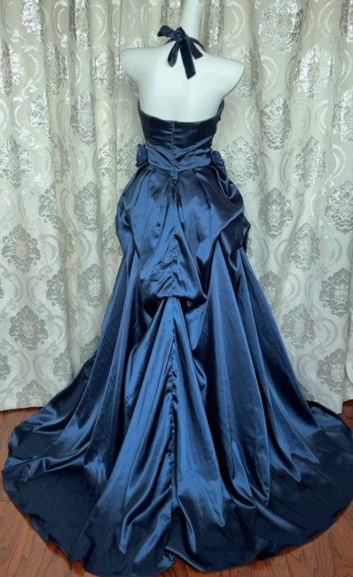 Vintage Navy Blue Strapless Satin Long Ball Gown Evening Dress Secondary image