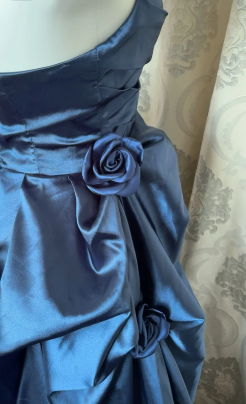 Vintage Navy Blue Strapless Satin Long Ball Gown Evening Dress