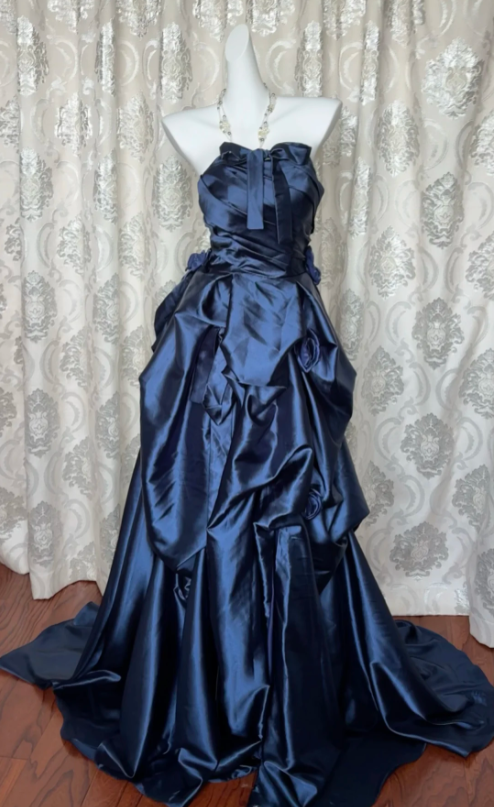 Vintage Navy Blue Strapless Satin Long Ball Gown Evening Dress Main image