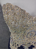 Vintage Navy Blue Sweetheart Neck Lace Rhinestone-Embellished Tulle Long Prom Dress Evening Dress