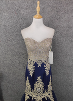 Vintage Navy Blue Sweetheart Neck Lace Rhinestone-Embellished Tulle Long Prom Dress Evening Dress