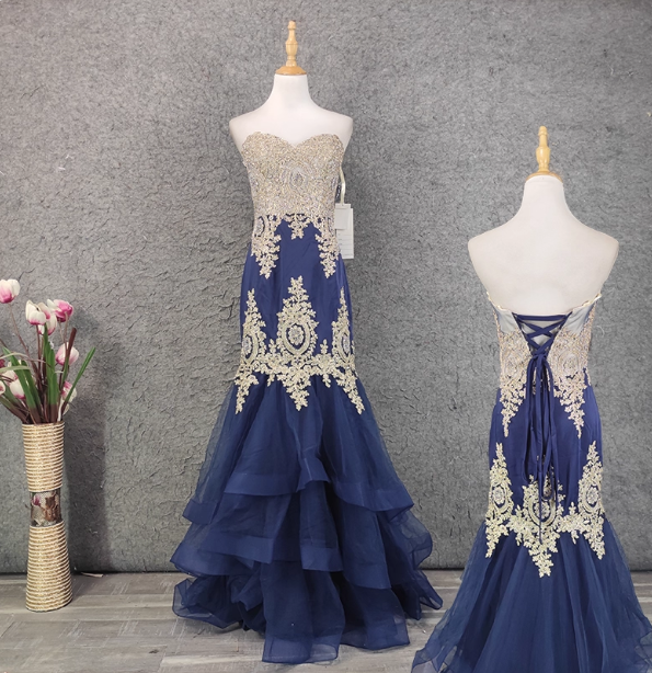 Vintage Navy Blue Sweetheart Neck Lace Rhinestone-Embellished Tulle Long Prom Dress Evening Dress