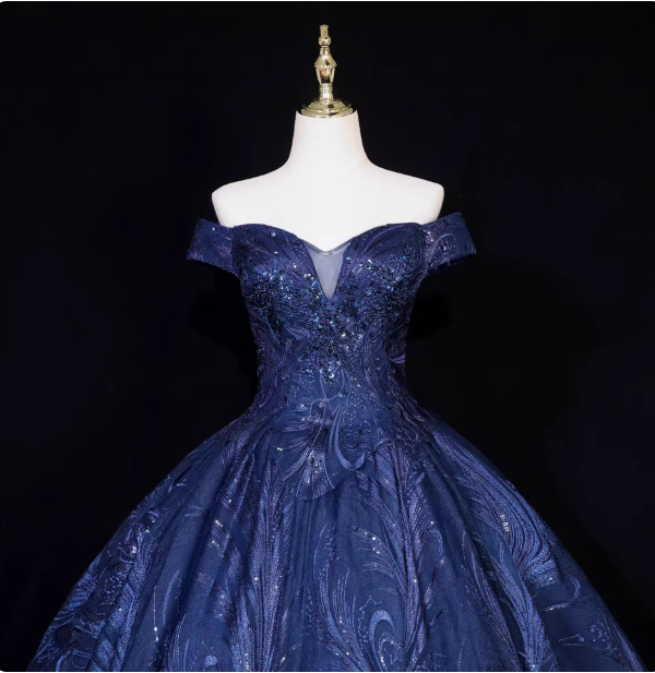 Vintage Navy Blue Off-The-Shoulder Beaded Embroidered Tulle Prom Dress Evening Dress