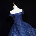 Vintage Navy Blue Off-The-Shoulder Beaded Embroidered Tulle Prom Dress Evening Dress