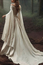 Vintage Off The Shoulder Ivory Lace Wedding Dress,