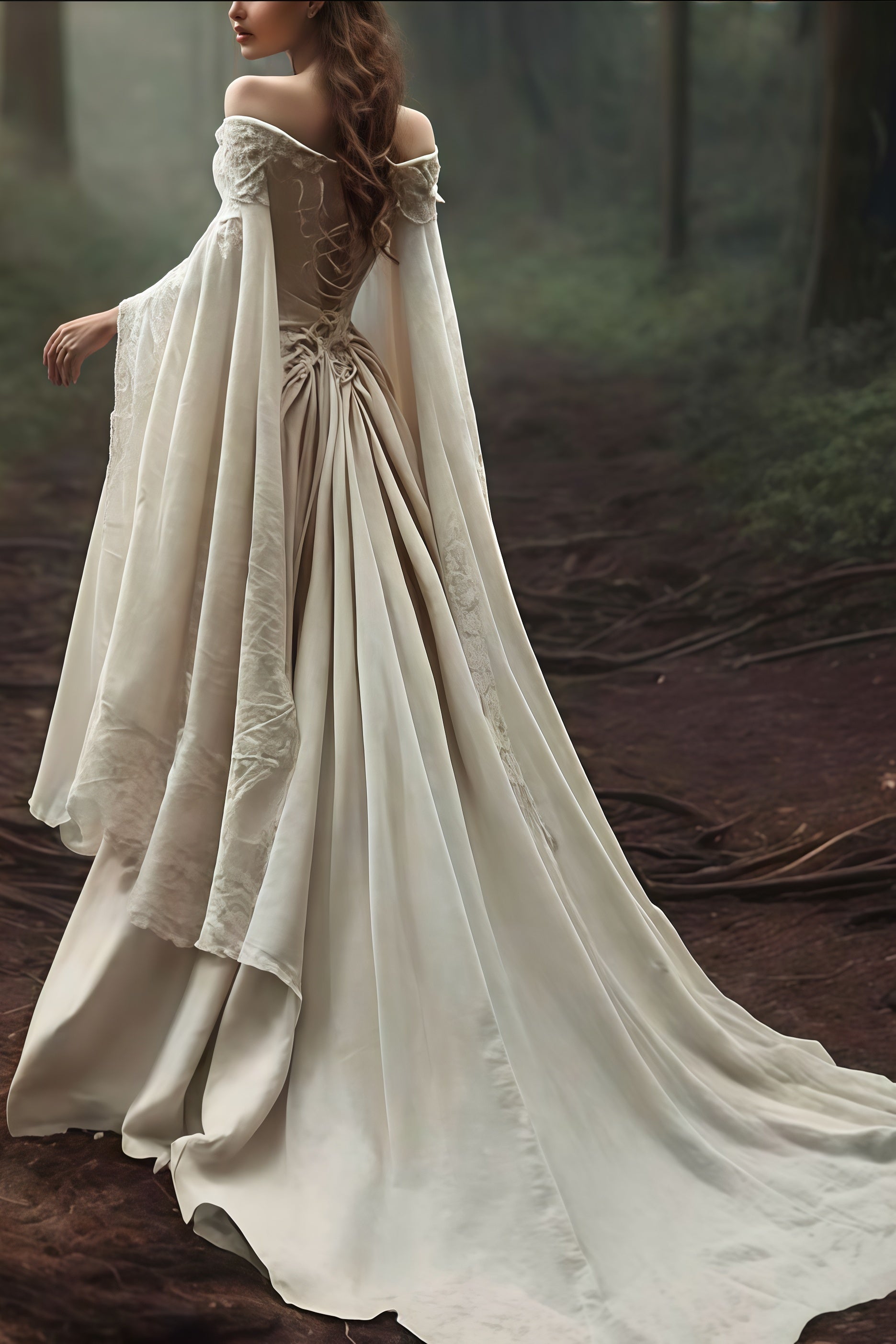 Vintage Off The Shoulder Ivory Lace Wedding Dress,