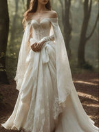 Vintage Off The Shoulder Ivory Lace Wedding Dress,