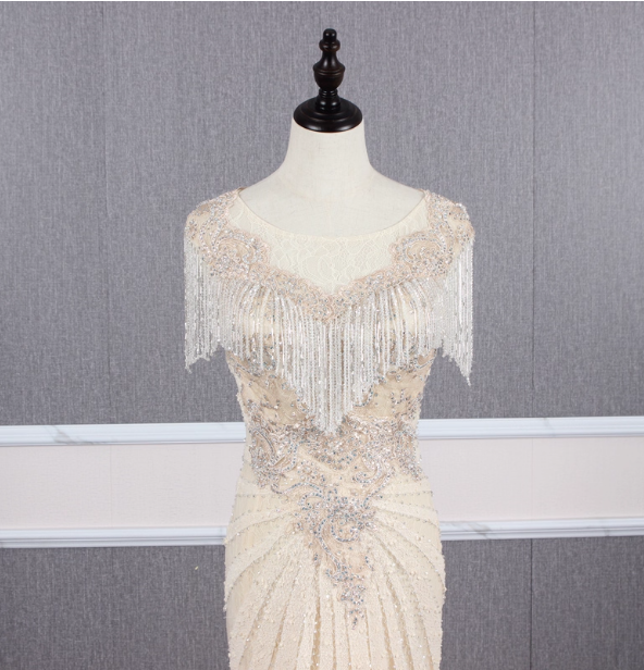 Vintage Off-White Mermaid Crew Neck Fringed Beaded Lace Train Prom Dress Evening Dress