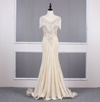 Vintage Off-White Mermaid Crew Neck Fringed Beaded Lace Train Prom Dress Evening Dress