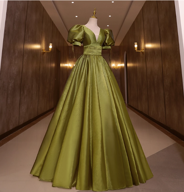 Vintage Olive Green Deep V-Neck Puff Sleeve Satin Long Prom Dress Evening Dress