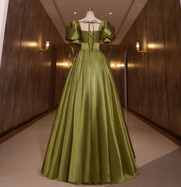 Vintage Olive Green Deep V-Neck Puff Sleeve Satin Long Prom Dress Evening Dress