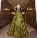 Vintage Olive Green Deep V-Neck Puff Sleeve Satin Long Prom Dress Evening Dress
