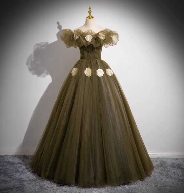 Vintage Olive Green One-Shoulder 3D Floral Tulle Long Ball Gown Evening Dress Sweet 16 Dress Secondary image