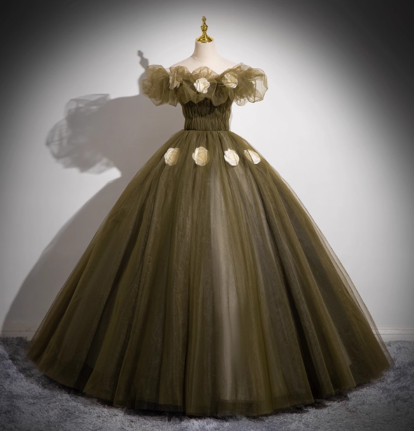 Vintage Olive Green One-Shoulder 3D Floral Tulle Long Ball Gown Evening Dress Sweet 16 Dress Main image