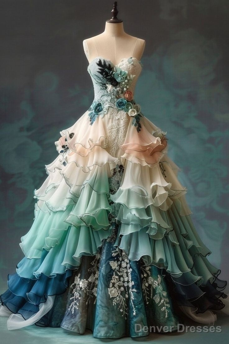 Vintage Ombre A-Line Sweetheart Chiffon Long Ball Gown Embroidered Applique Sweet Floral Formal Dress