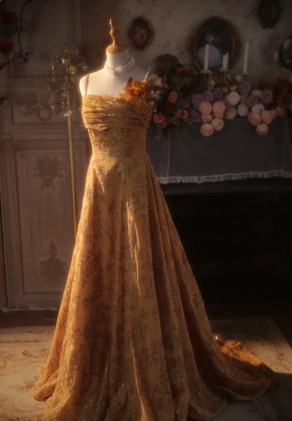 Vintage Orange A-Line Spaghetti Strap Sequined Floral Train Prom Dress Evening Dress Secondary image