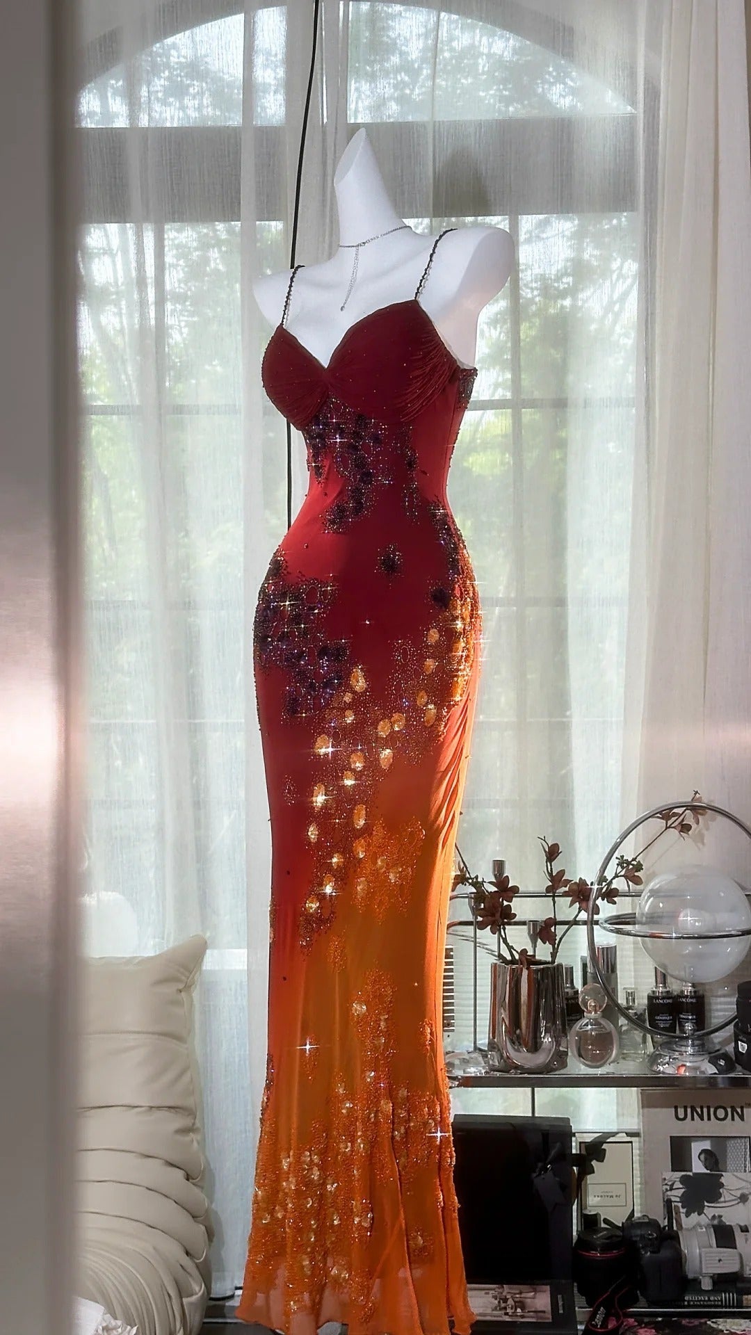 Vintage Orange Chiffon Strap Mermaid Beaded Evening Gown Prom Dress Secondary image