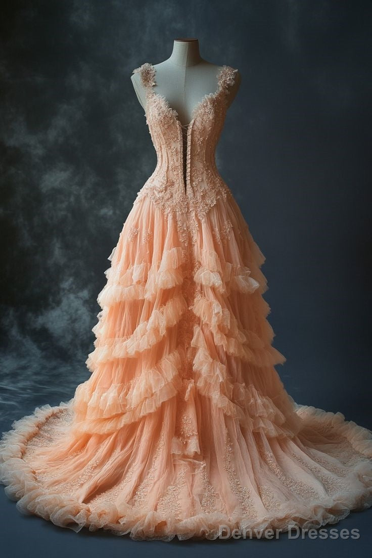 Vintage Pastel Orange Mermaid V-Neck Tulle Applique Long Prom Dress Sweet Beaded Formal Evening Dress Main image