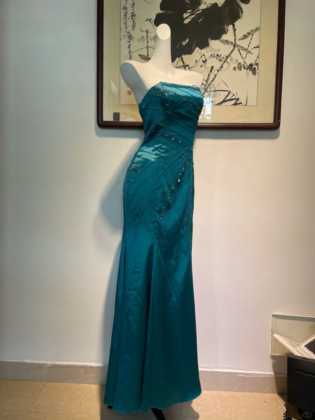 Vintage Peacock Blue Mermaid Strapless Beaded Satin Long Prom Dress Evening Dress Main image