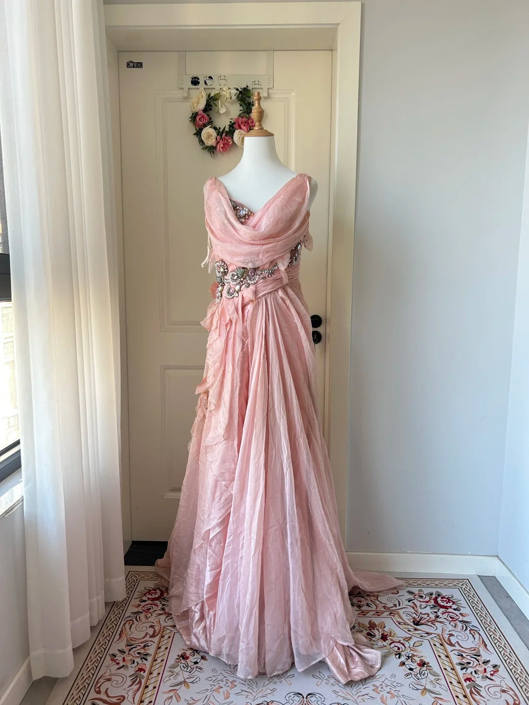 Vintage Pink A-Line Rhinestone Beaded Chiffon Long Prom Dress Evening Dress Secondary image