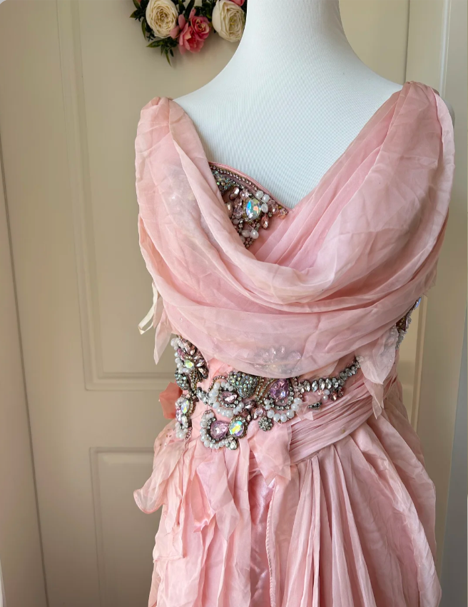 Vintage Pink A-Line Rhinestone Beaded Chiffon Long Prom Dress Evening Dress