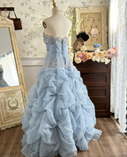 Vintage Princess Light Hazy Blue Strapless Lace Embroidered Tulle Ball Gown Evening Dress