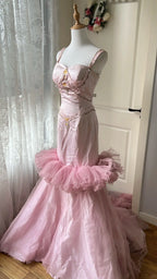 Vintage Princess Pink Mermaid Satin Tulle Train Prom Dress Evening Dress