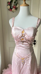 Vintage Princess Pink Mermaid Satin Tulle Train Prom Dress Evening Dress