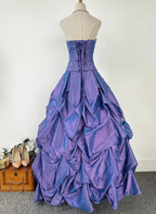 Vintage Princess Purple-Blue Sweetheart Neck Satin Ruched Long Ball Gown Evening Dress