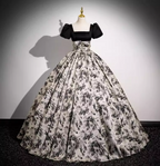 Vintage Printed Square Neck Puff Sleeve Velvet Ball Gown Evening Dress Sweet 16 Dress