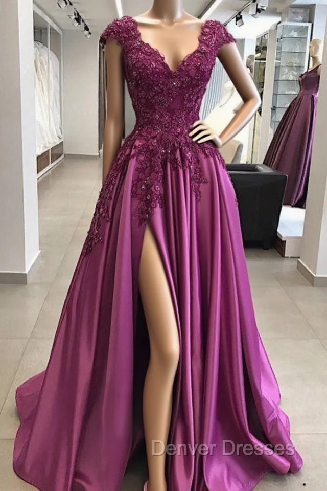 Vintage Prom Dress 90S, A-line/Princess V Neck Sleeveless Long/Floor-Length Satin Prom Dress with Appliqued Beading Split Main image