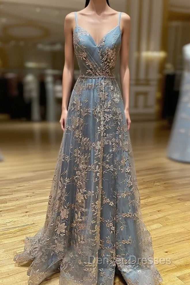 Vintage Prom Dress 90S, A-line V Neck Sleeveless Sweep Train Tulle Satin Prom Dress With Appliqued Split