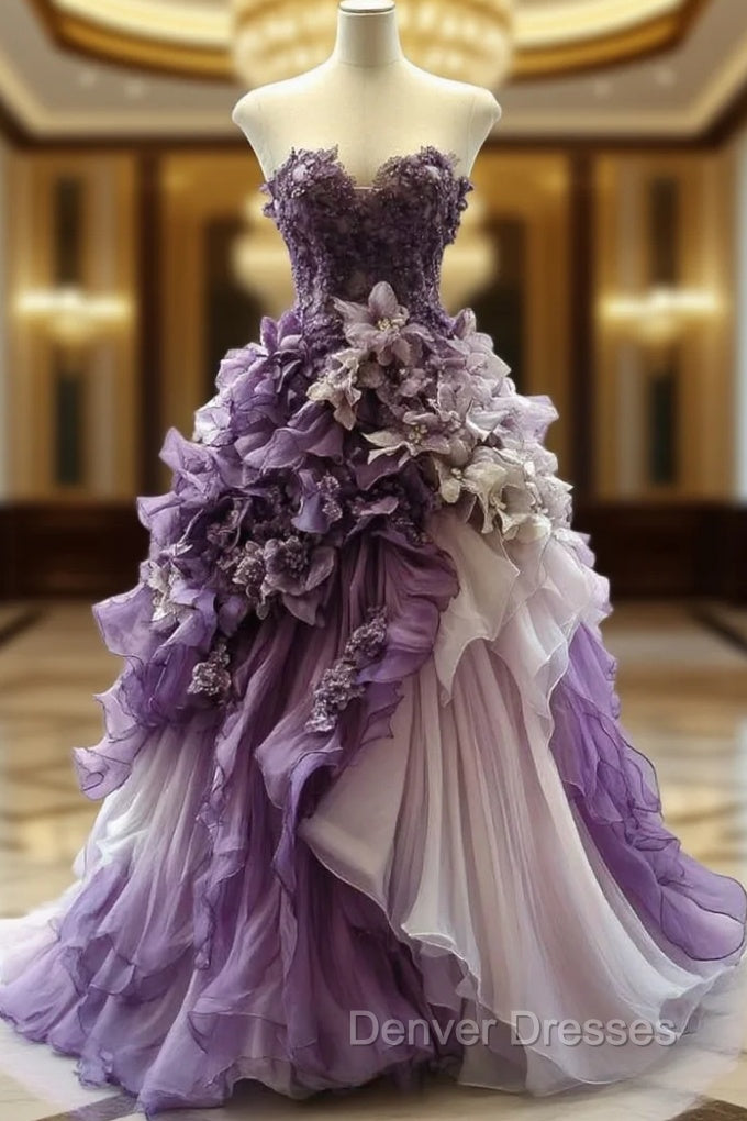 Vintage Purple A-Line Sweetheart Neck Chiffon Beading Long Prom Dress Applique Evening Dress Main image