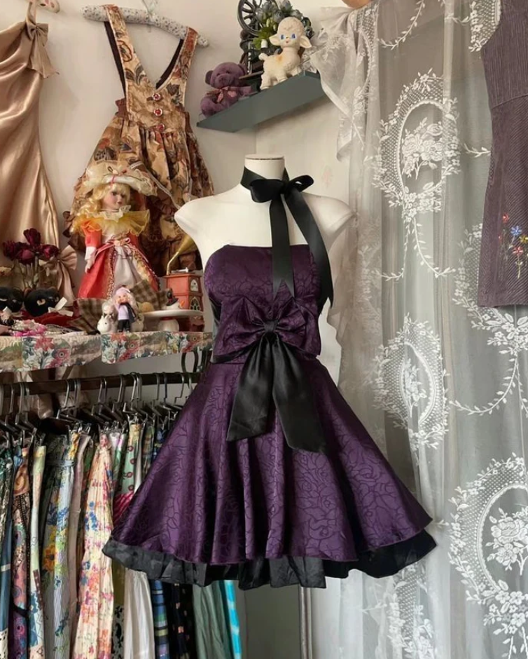 Vintage Purple Satin A Line Short Party Dress Homecoming Dress With Bow Main image