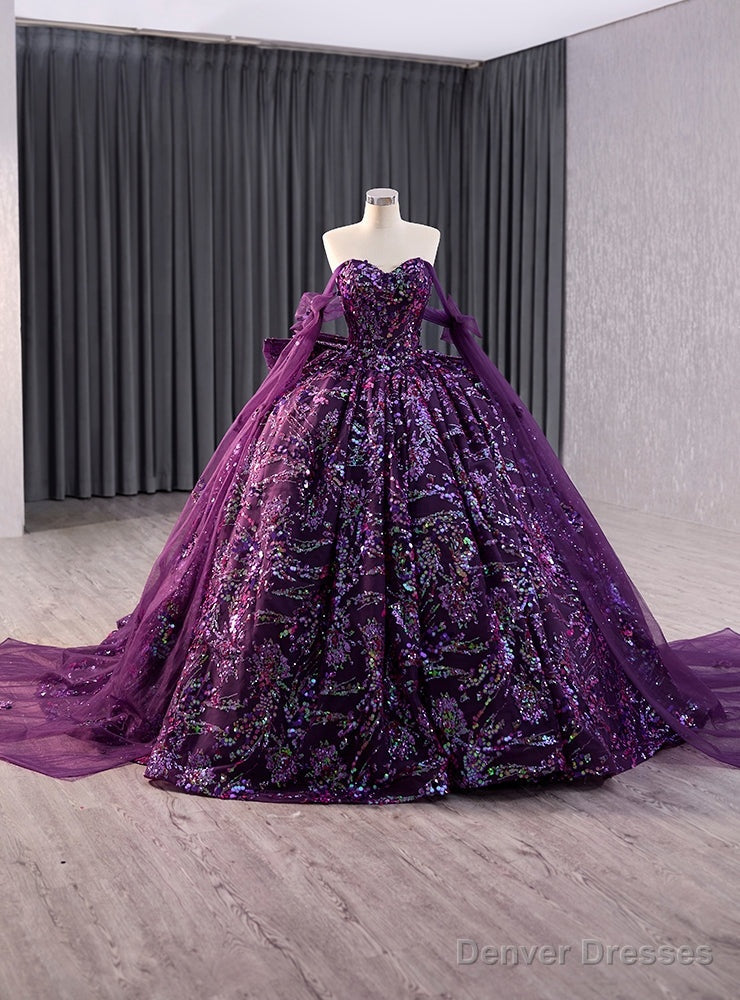 Vintage Purple Tulle Sequins Strapless Prom Dress Main image