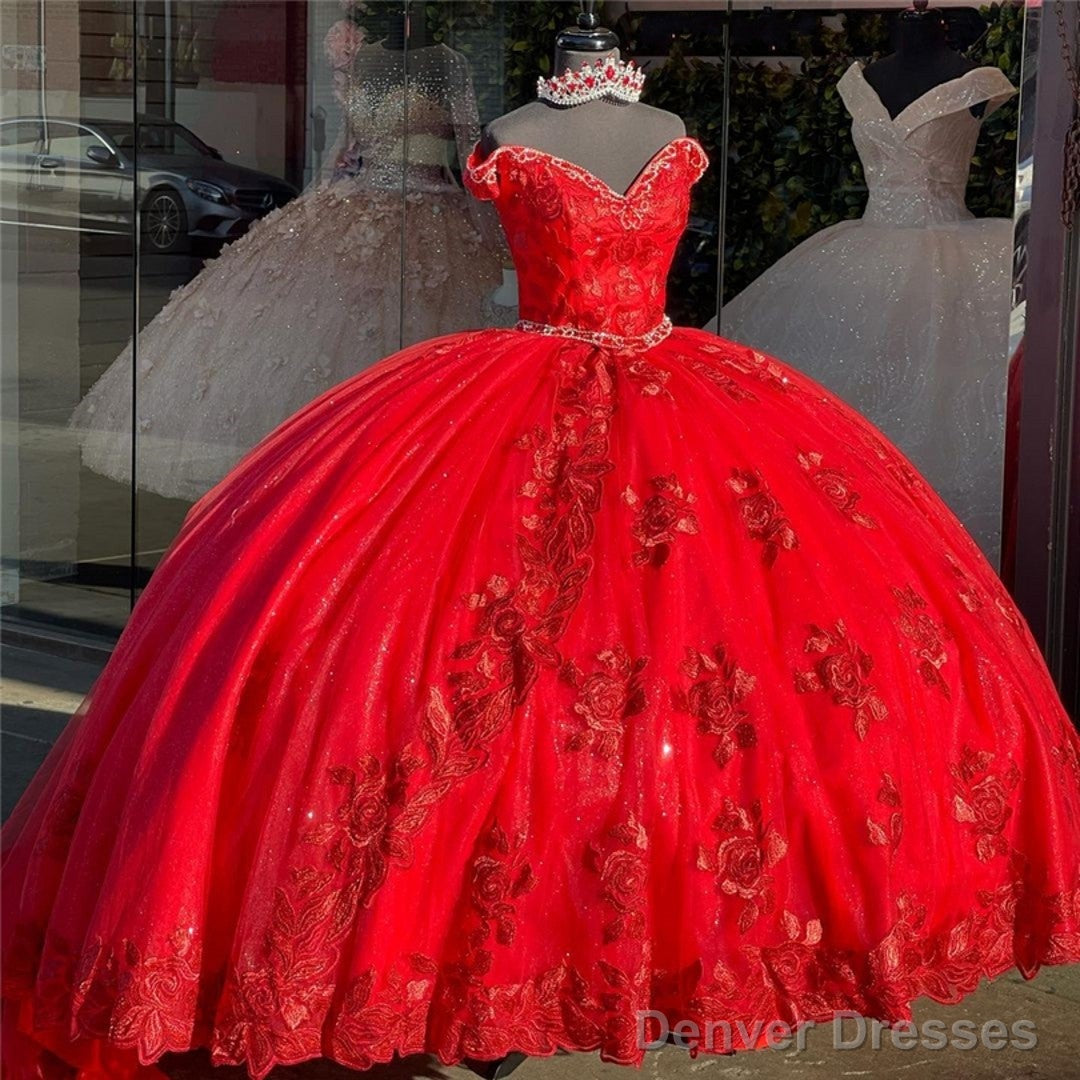 Vintage Red Ball Gown Off The Shoulder Prom Dresses With Cap Short Sleeves Lace Applique Prom Dresses Main image