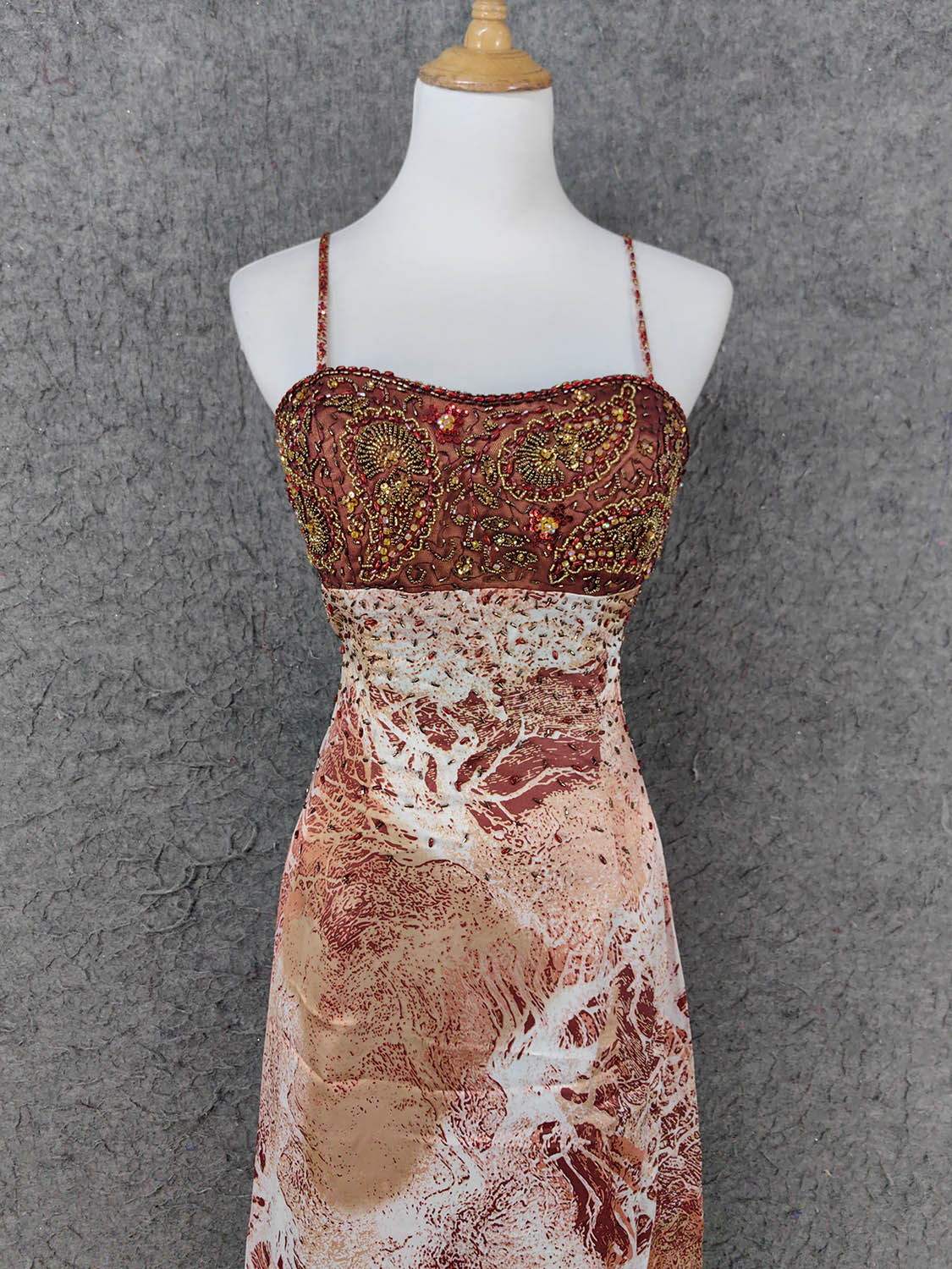 Vintage Red-Brown Gilded Gradient Spaghetti Strap Beaded Satin Long Prom Dress Evening Dress