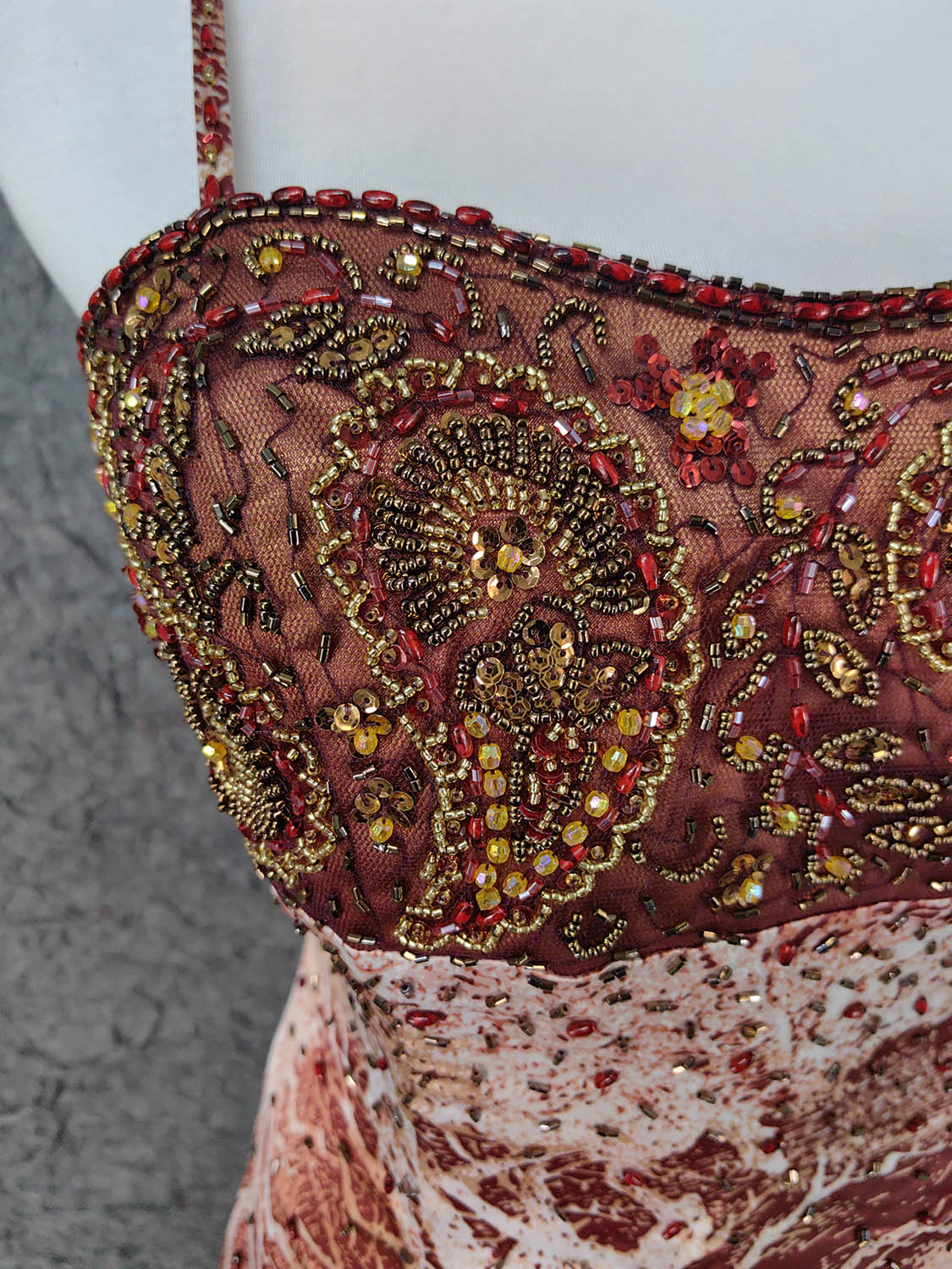 Vintage Red-Brown Gilded Gradient Spaghetti Strap Beaded Satin Long Prom Dress Evening Dress