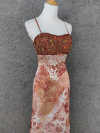 Vintage Red-Brown Gilded Gradient Spaghetti Strap Beaded Satin Long Prom Dress Evening Dress