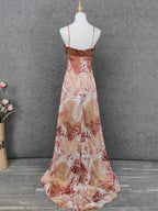 Vintage Red-Brown Gilded Gradient Spaghetti Strap Beaded Satin Long Prom Dress Evening Dress