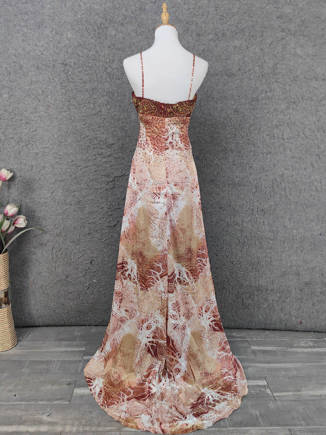 Vintage Red-Brown Gilded Gradient Spaghetti Strap Beaded Satin Long Prom Dress Evening Dress