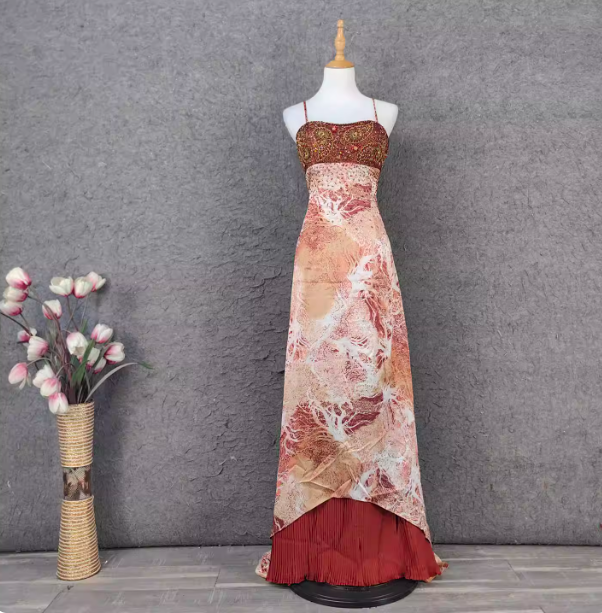 Vintage Red-Brown Gilded Gradient Spaghetti Strap Beaded Satin Long Prom Dress Evening Dress
