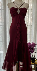 Vintage Red Mermaid Strapless Chiffon Prom Dress Graduation Prom Dress